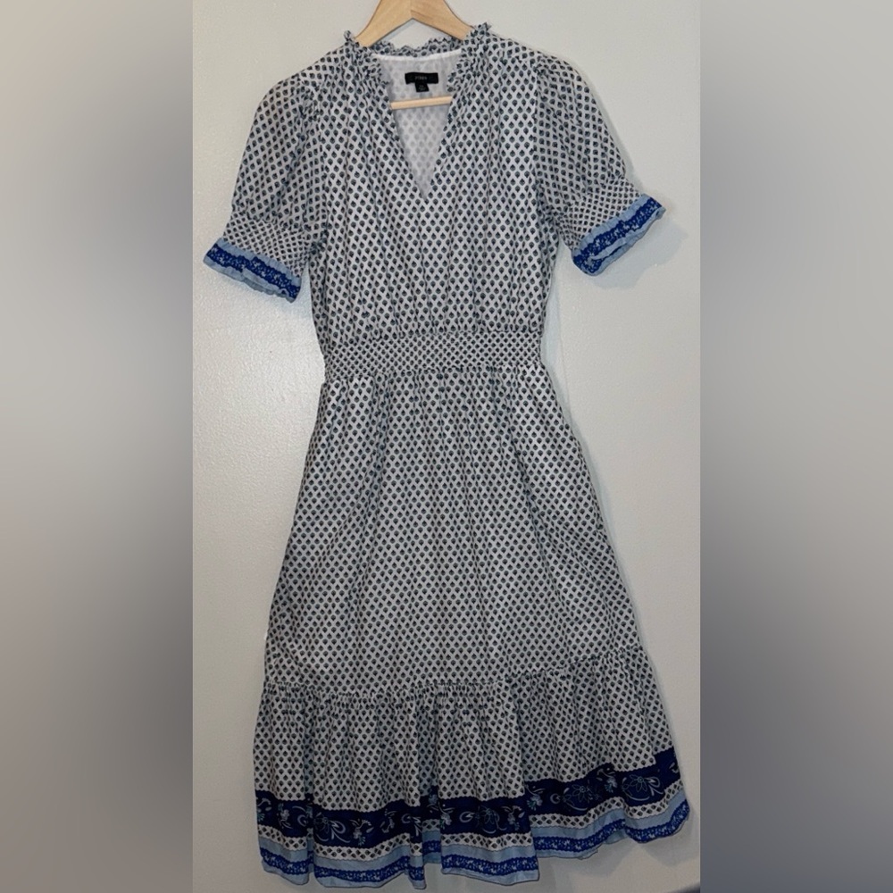 J.Crew Ferris Smocked Ruffle Cotton Voile Dress Blue White Size XS Spring
